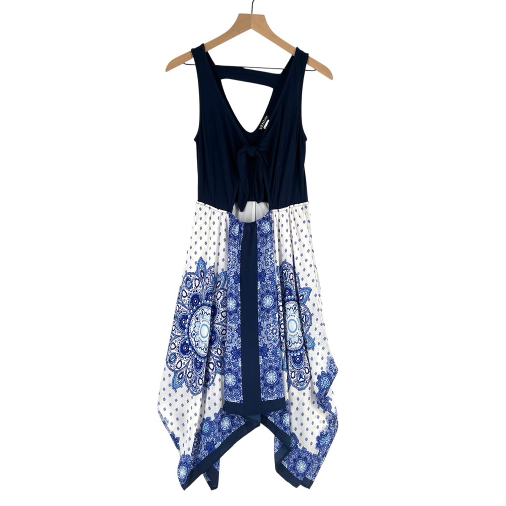 VENUS Navy White Chiffon Asymmetricalโ Handkerchief Midi Dress Cutout Tie Front